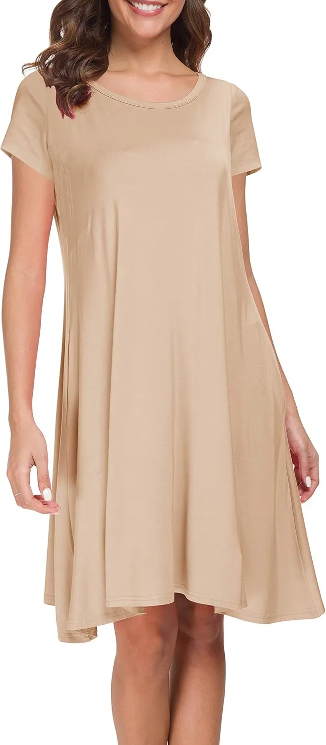 Afibi Womens Short Sleeve Loose Pockets Dress Casual Swing T-Shirt Dresses