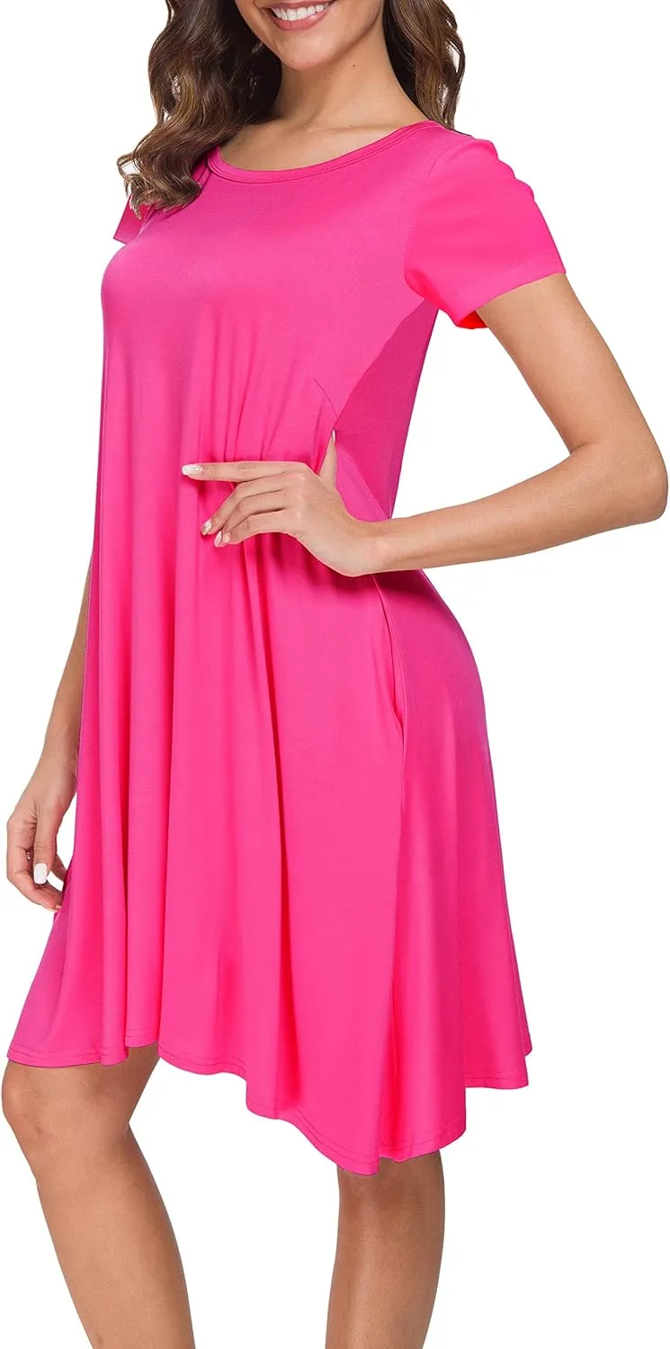 Afibi Womens Short Sleeve Loose Pockets Dress Casual Swing T-Shirt Dresses