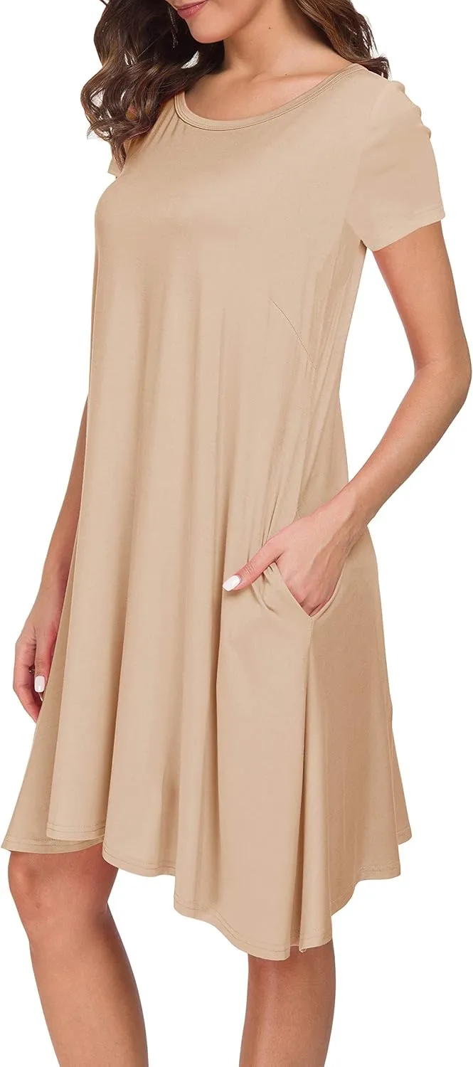 Afibi Womens Short Sleeve Loose Pockets Dress Casual Swing T-Shirt Dresses
