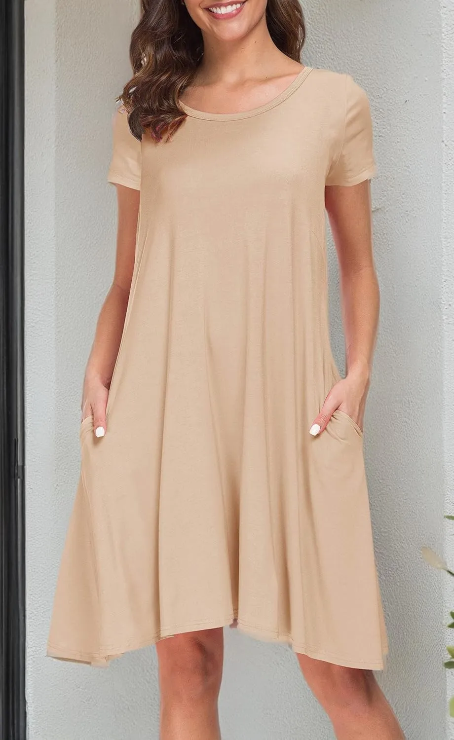 Afibi Womens Short Sleeve Loose Pockets Dress Casual Swing T-Shirt Dresses