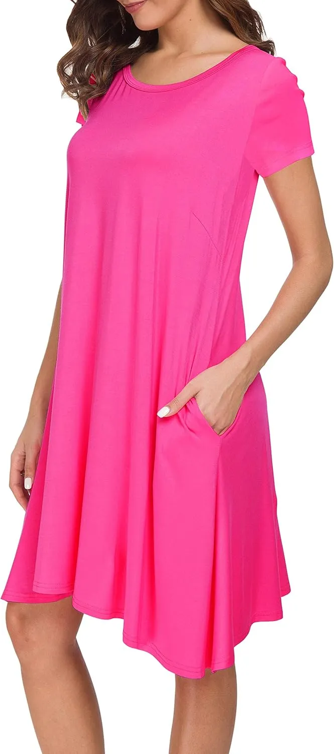 Afibi Womens Short Sleeve Loose Pockets Dress Casual Swing T-Shirt Dresses