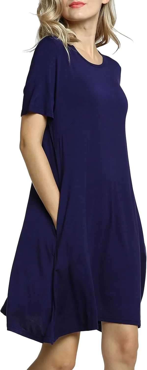 Afibi Womens Short Sleeve Loose Pockets Dress Casual Swing T-Shirt Dresses