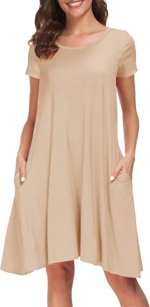Afibi Womens Short Sleeve Loose Pockets Dress Casual Swing T-Shirt Dresses