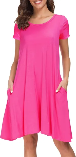 Afibi Womens Short Sleeve Loose Pockets Dress Casual Swing T-Shirt Dresses