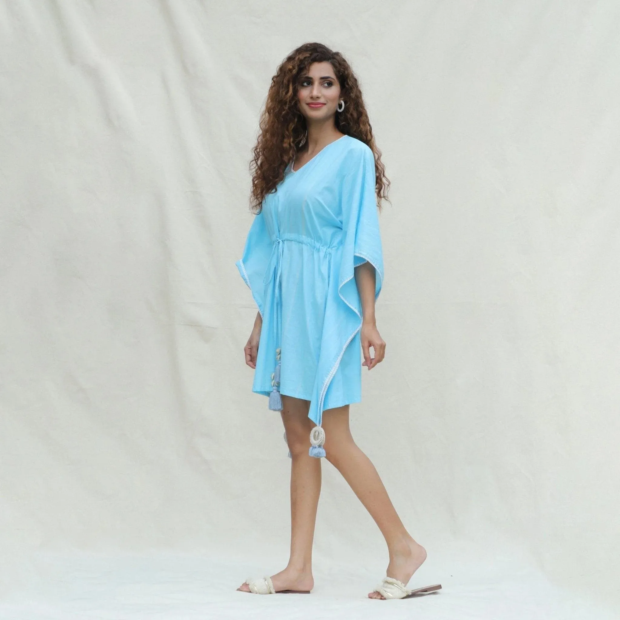 Blue Hand Tie-Dye Cotton Short Kaftan Dress