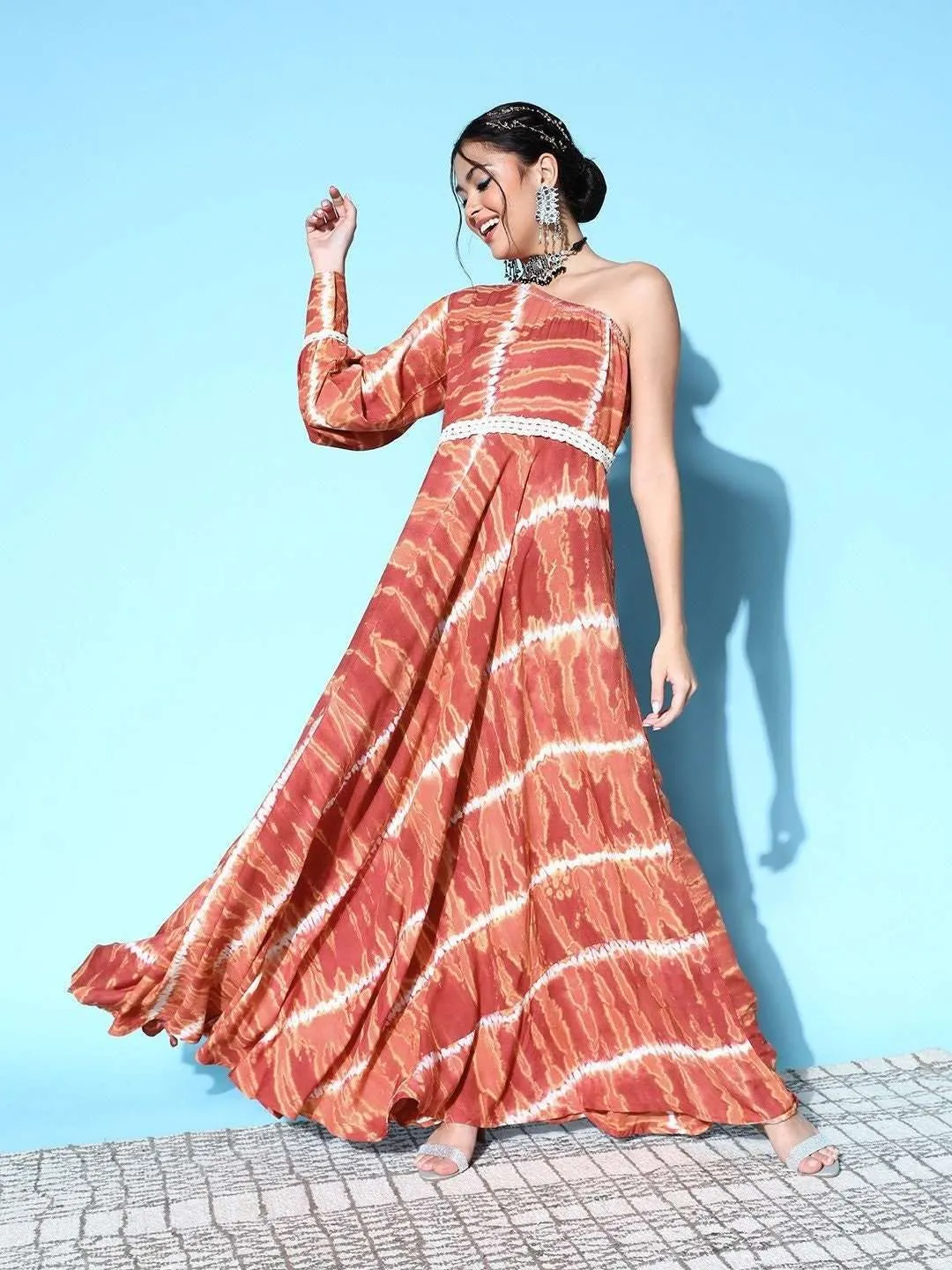 Brown & White Tie and Dye Dyed One Shoulder Maxi Dress