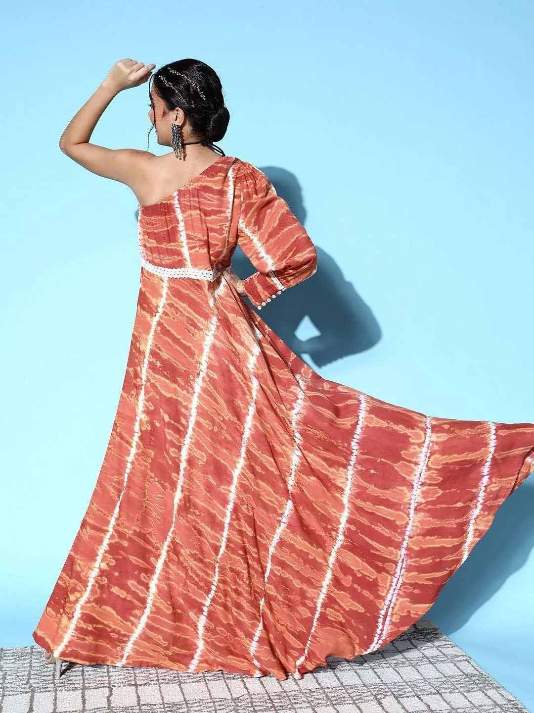 Brown & White Tie and Dye Dyed One Shoulder Maxi Dress