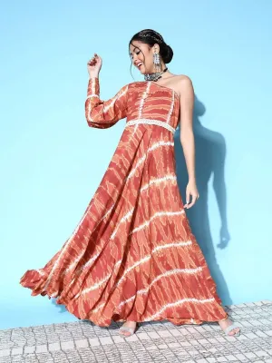 Brown & White Tie and Dye Dyed One Shoulder Maxi Dress