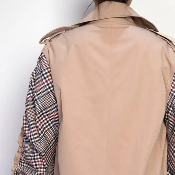 Callie Berry: Rain Trench Plaid Open Air Tan Spring Jacket