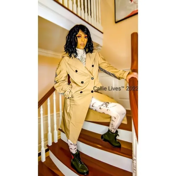 Callie Berry: Rain Trench Plaid Open Air Tan Spring Jacket