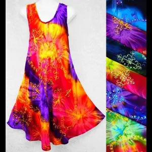 Cosmic Tie-Dye Embroidered Tank Dress