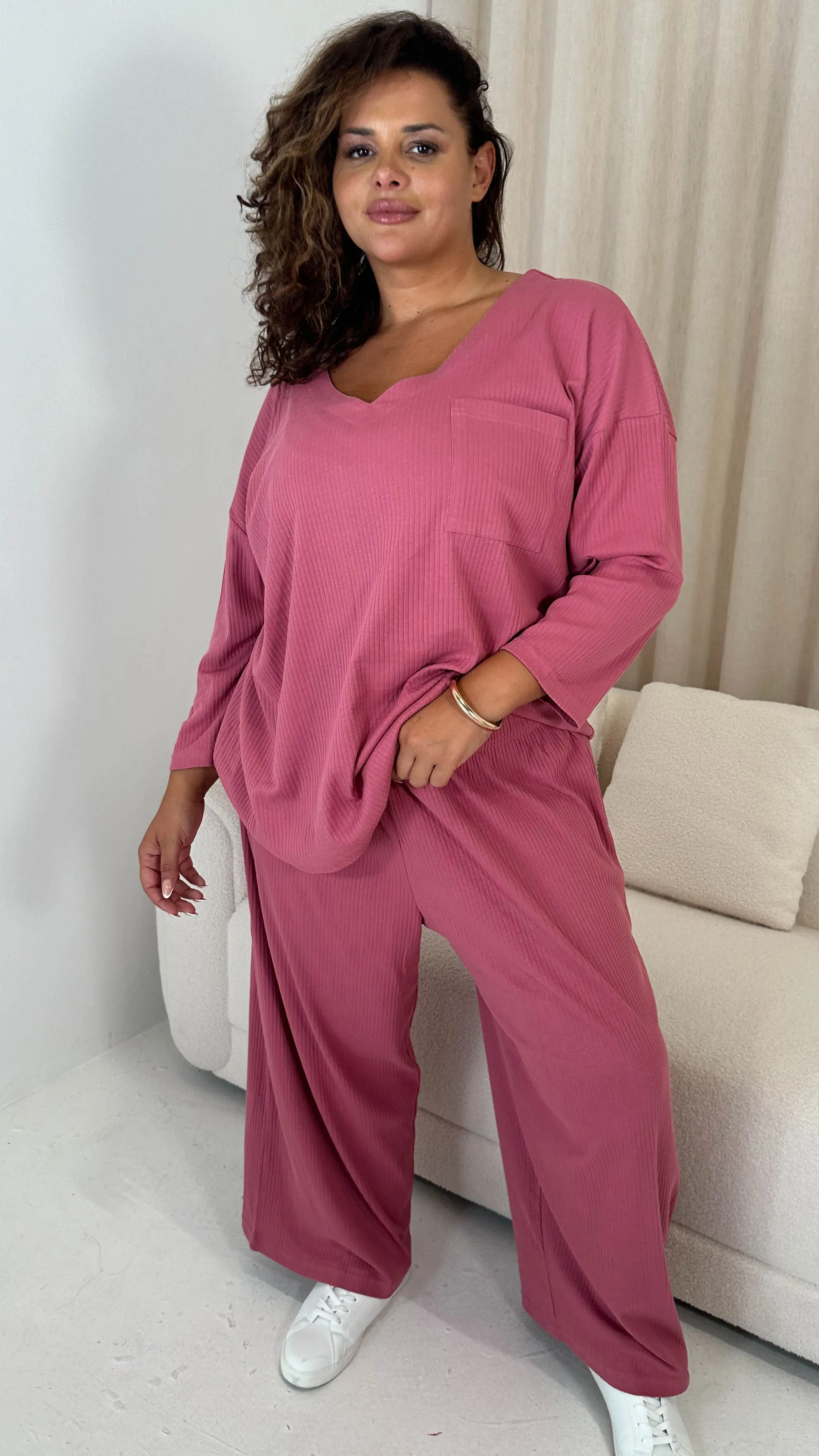 CurveWow V Neck Wide Leg Lounge Set Rose