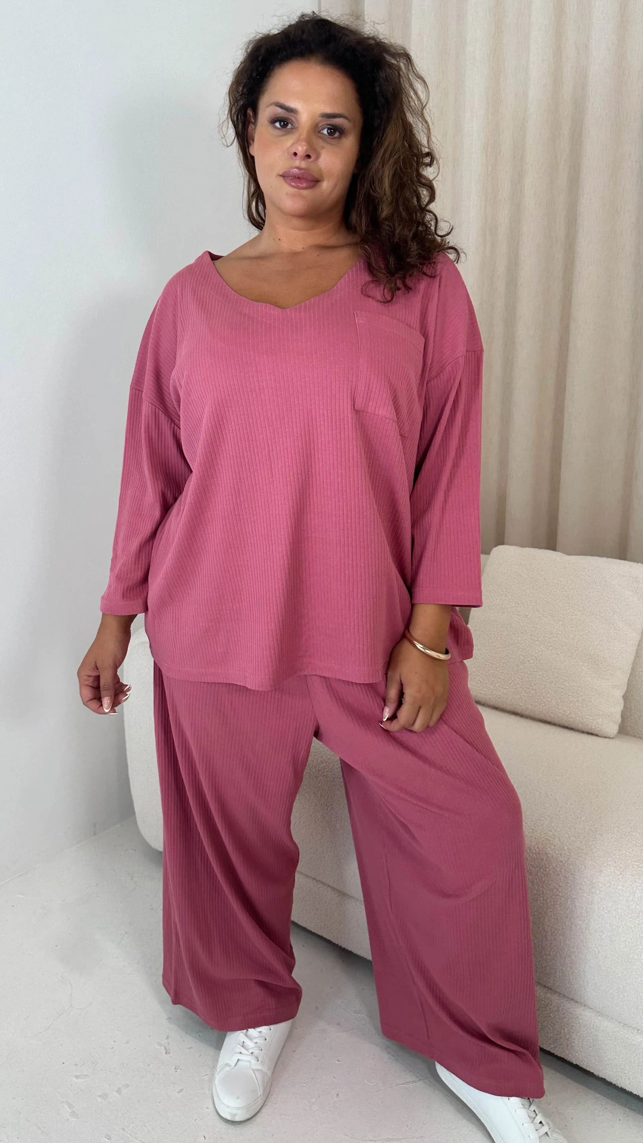 CurveWow V Neck Wide Leg Lounge Set Rose