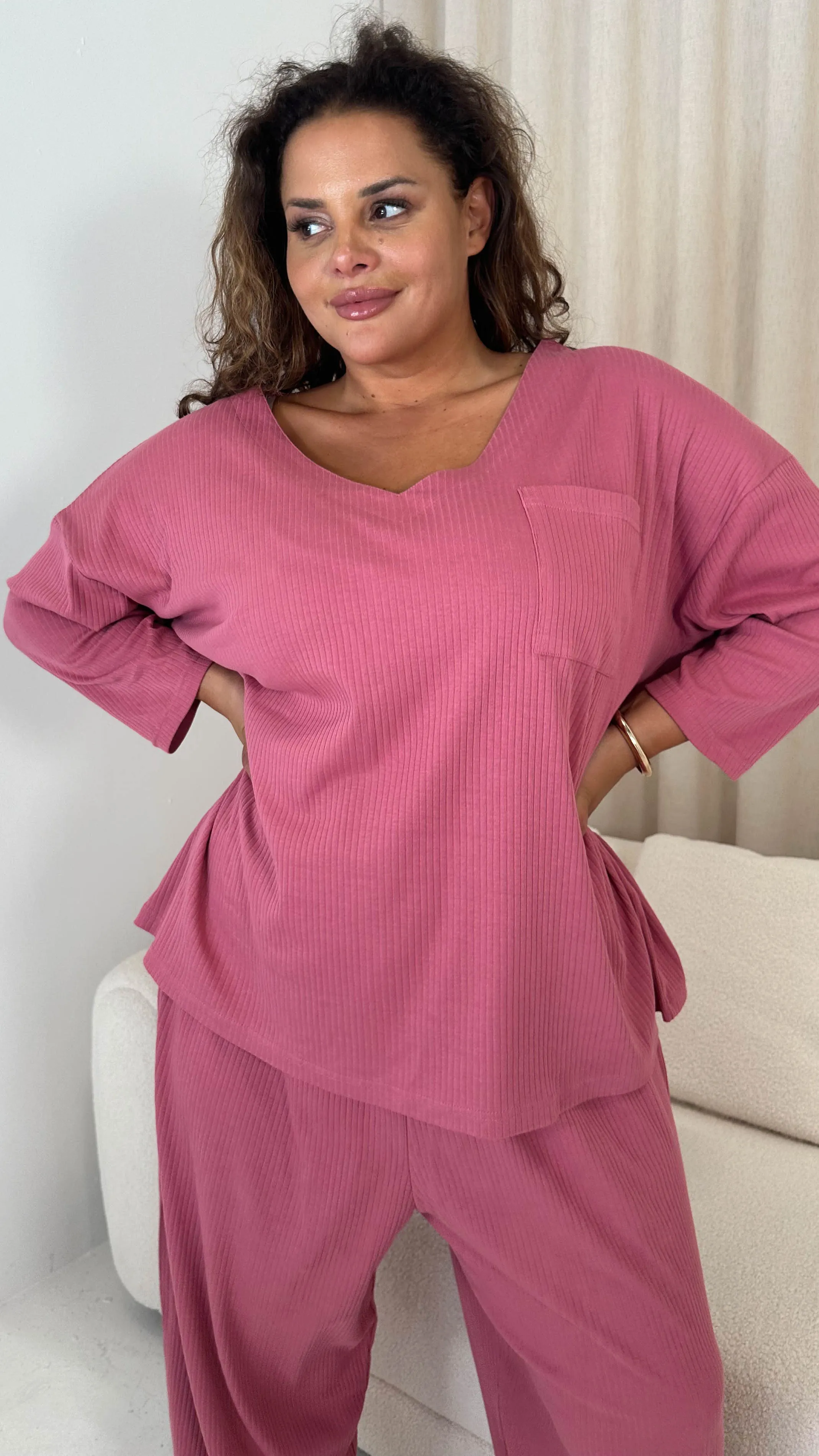 CurveWow V Neck Wide Leg Lounge Set Rose