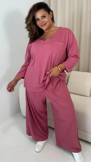 CurveWow V Neck Wide Leg Lounge Set Rose