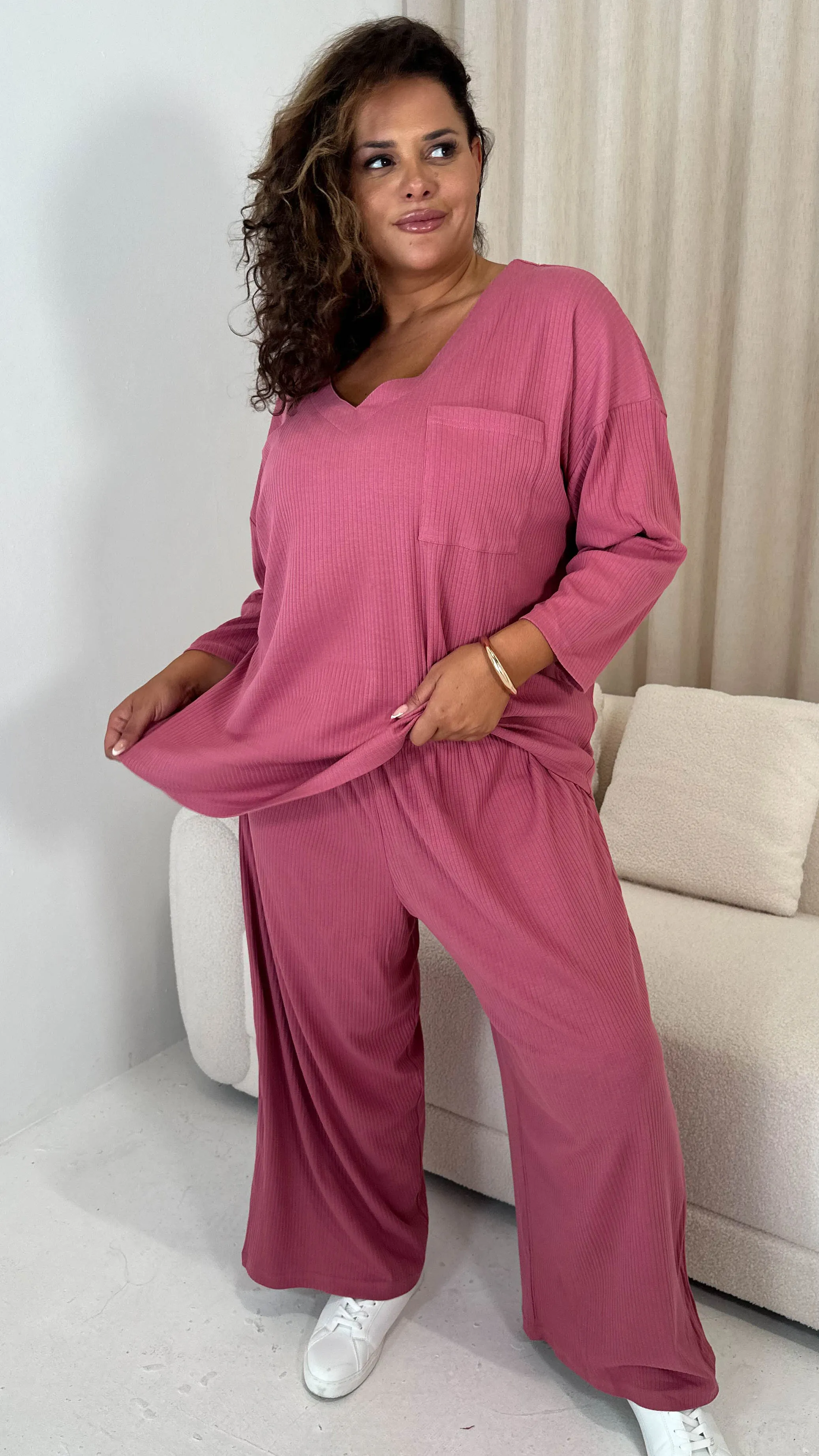 CurveWow V Neck Wide Leg Lounge Set Rose