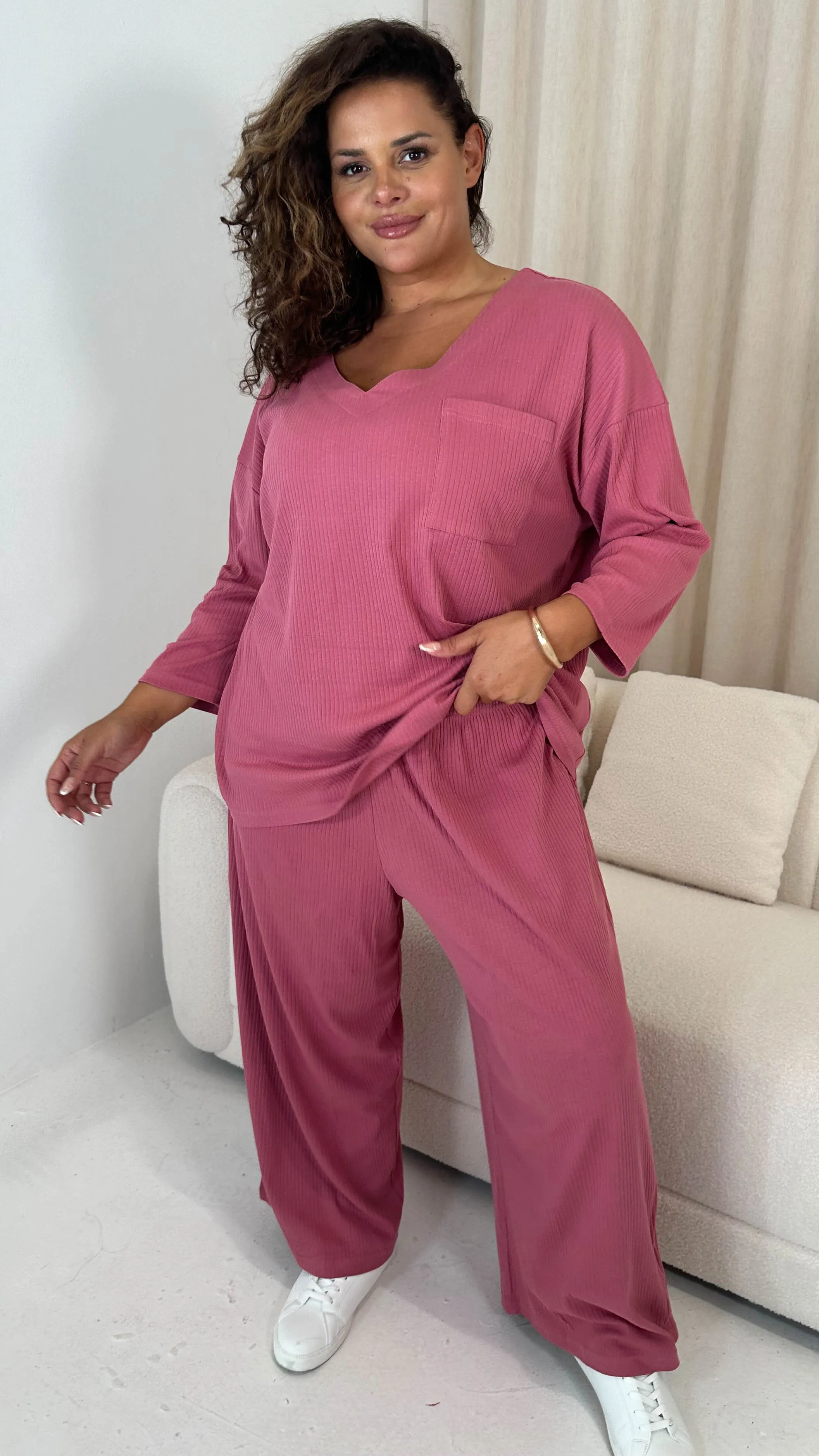 CurveWow V Neck Wide Leg Lounge Set Rose