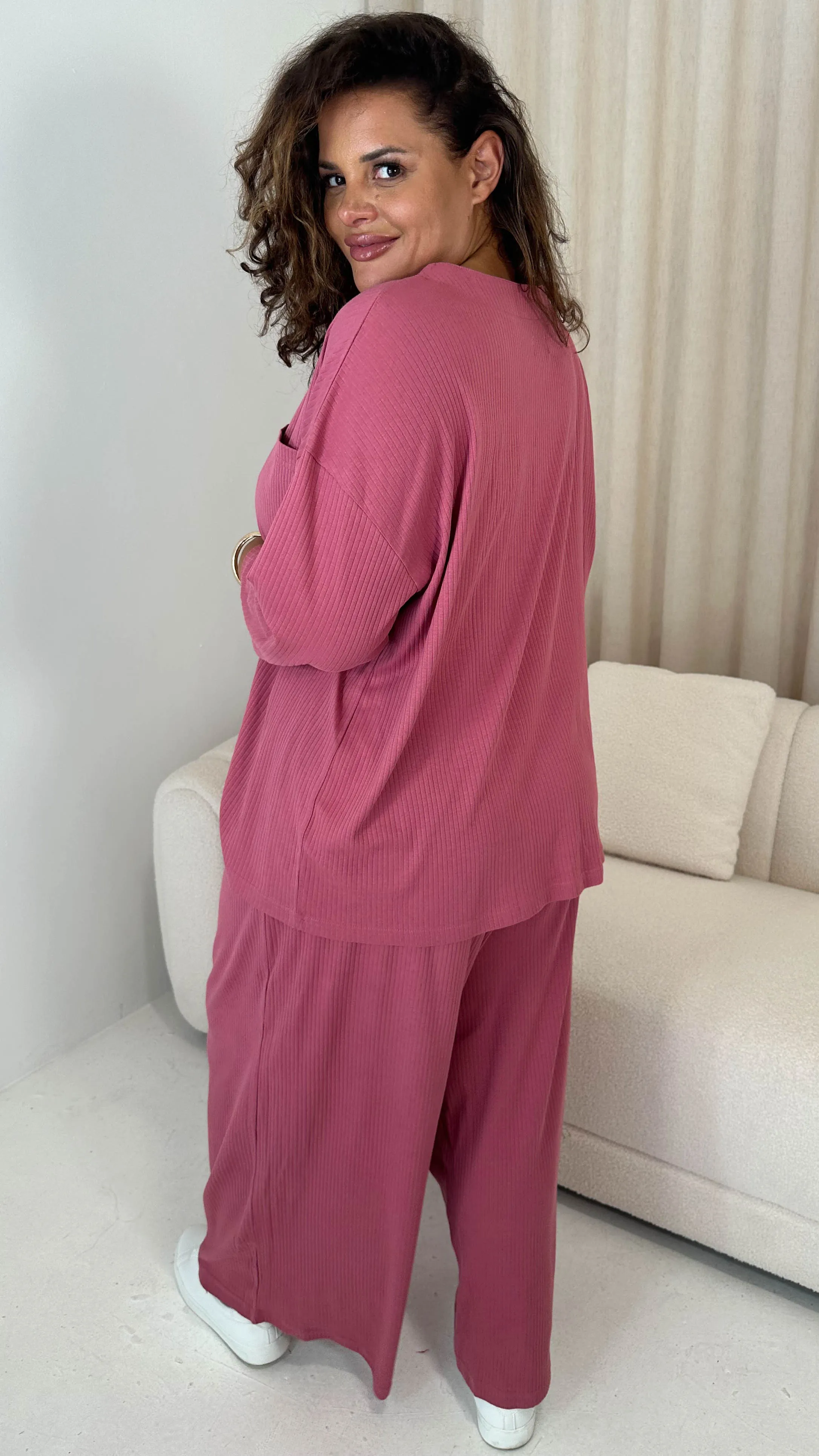 CurveWow V Neck Wide Leg Lounge Set Rose
