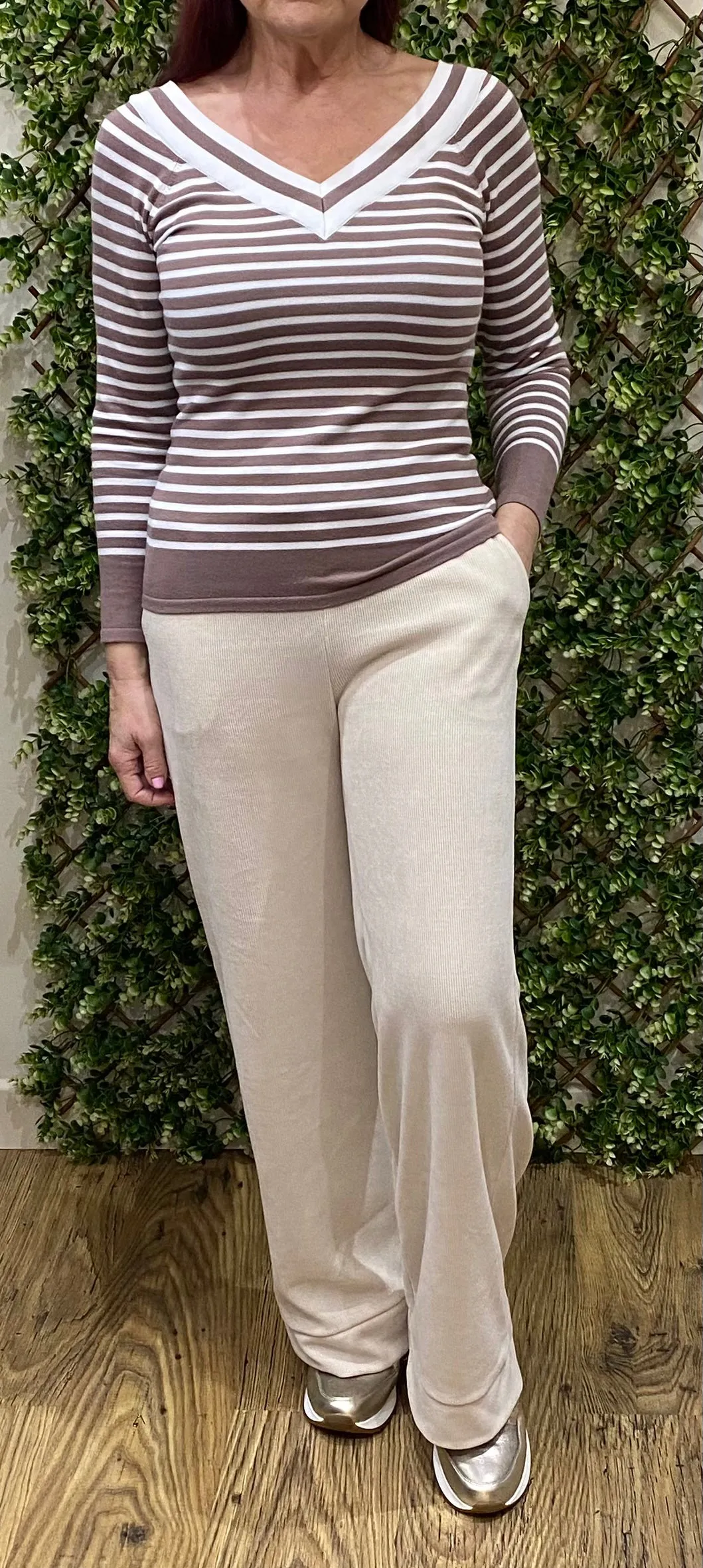 D.E.C.K By Decollage 2437 Plain Beige Fine Cord Wide Leg Stretchy Trousers With Pockets