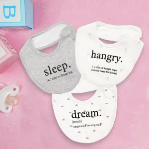 Eat, Sleep, Dream, Repeat Grey Tones 3 Pk Bibs