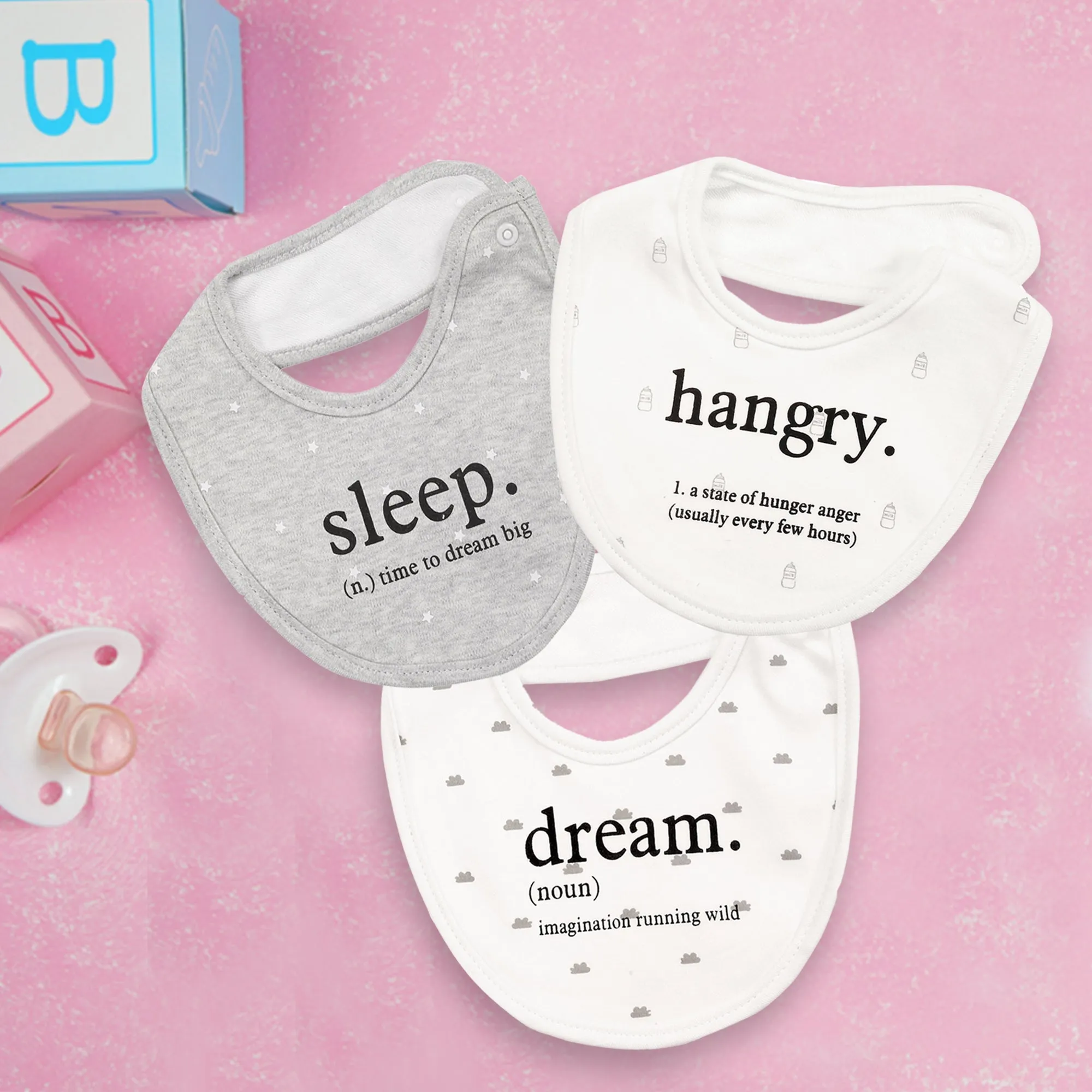 Eat, Sleep, Dream, Repeat Grey Tones 3 Pk Bibs