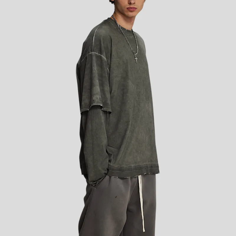 Fake double tee with distress wash