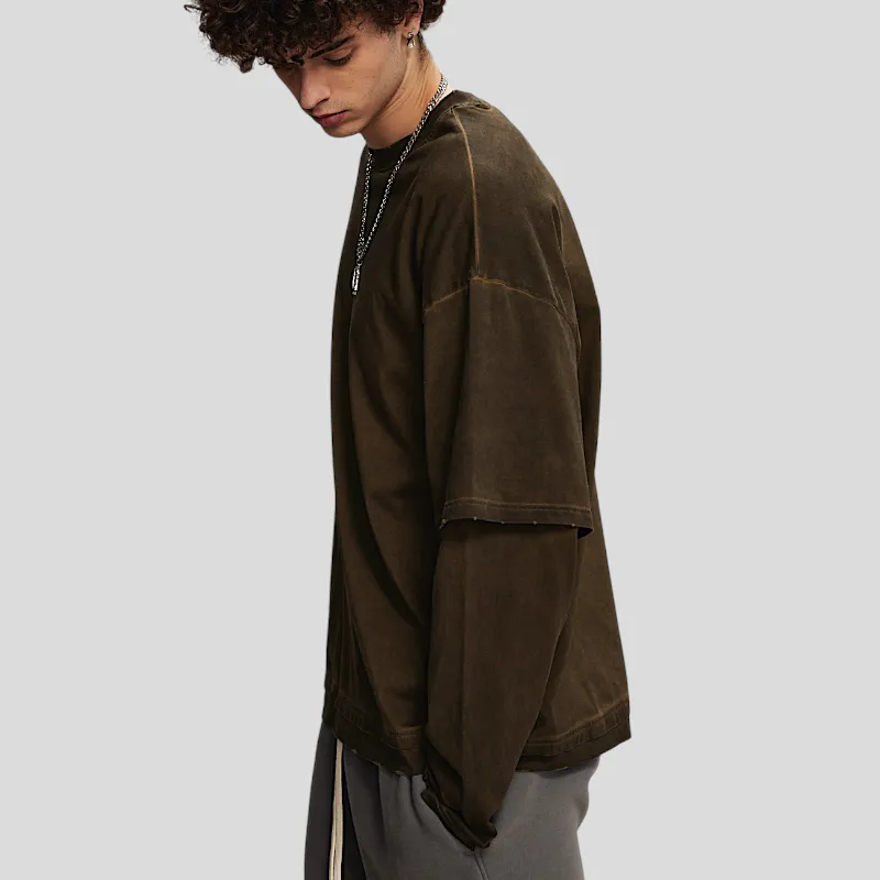 Fake double tee with distress wash