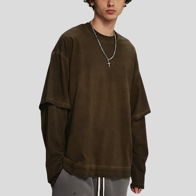 Fake double tee with distress wash