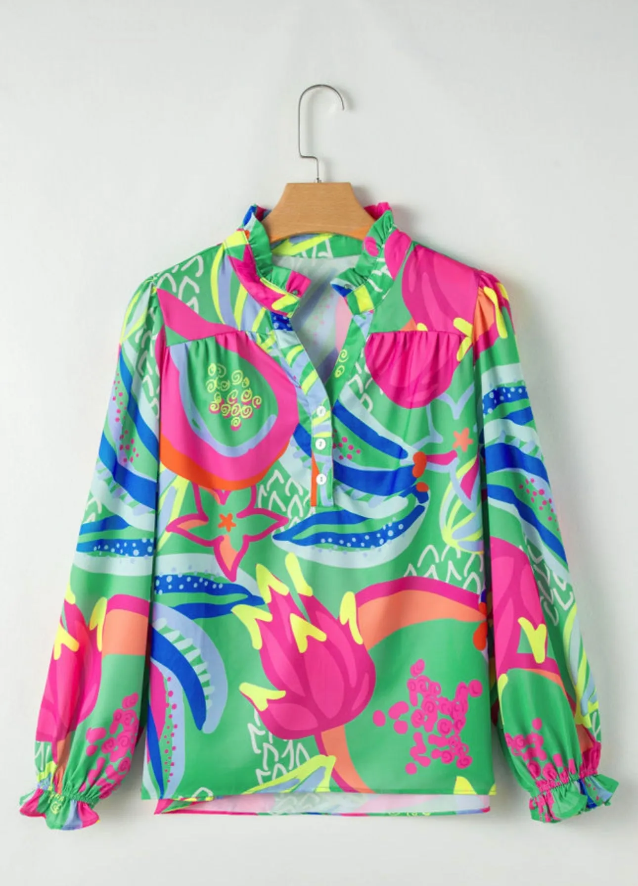 Green Abstract Ruffle Neck Blouse