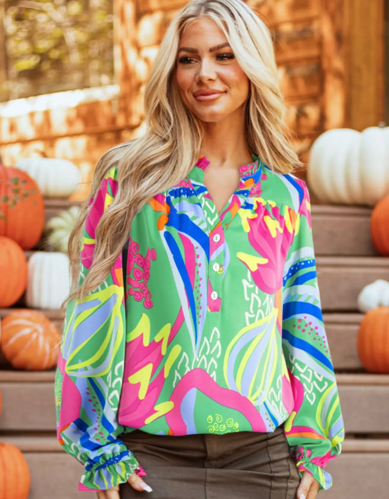 Green Abstract Ruffle Neck Blouse