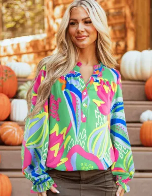 Green Abstract Ruffle Neck Blouse