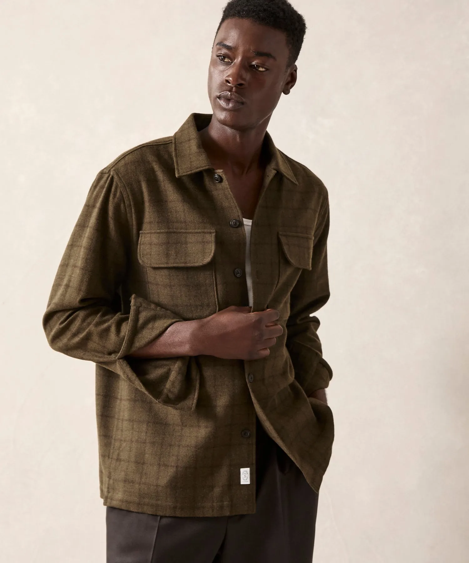 Italian Wool Field Overshirt in Olive Plaid