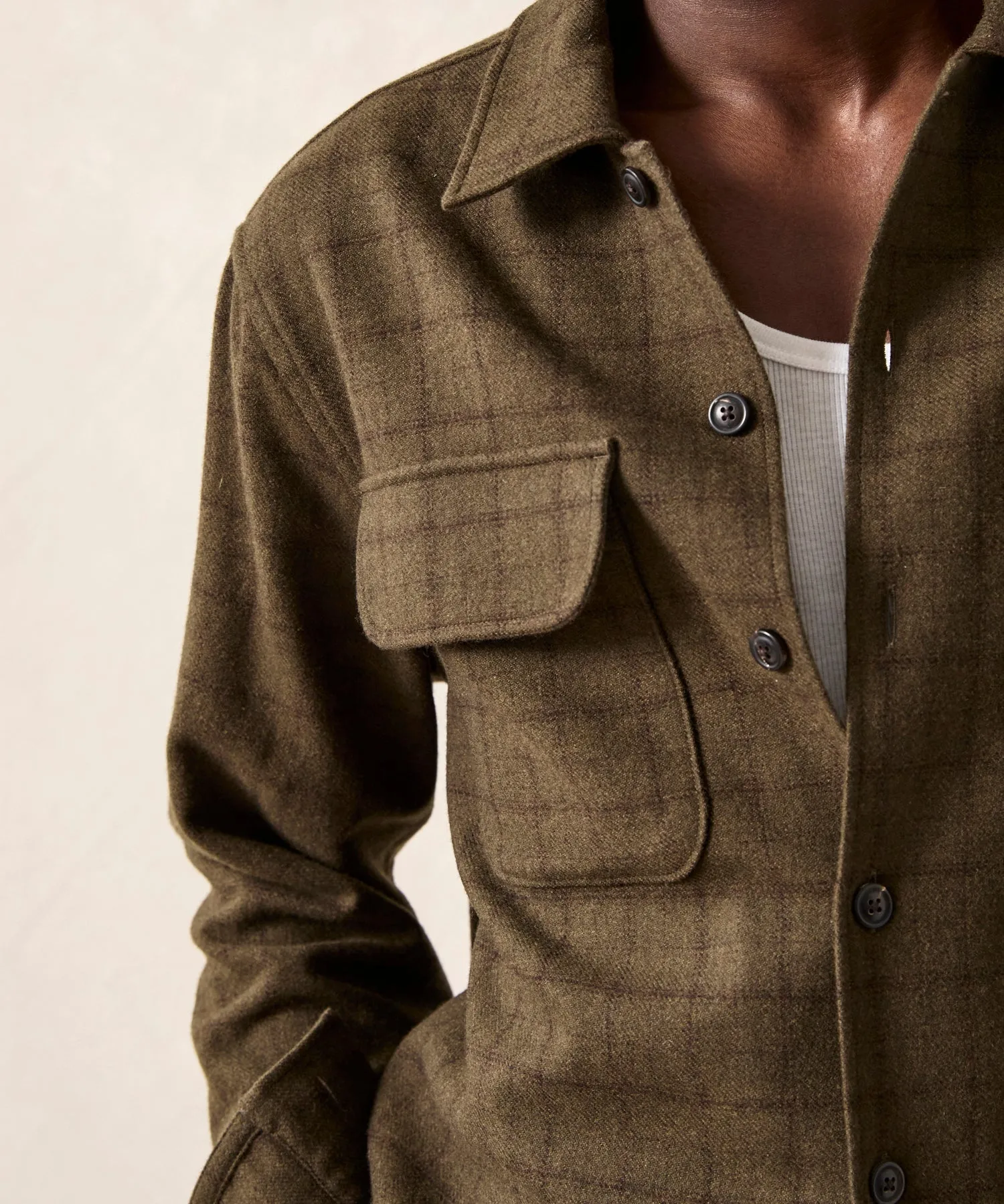 Italian Wool Field Overshirt in Olive Plaid