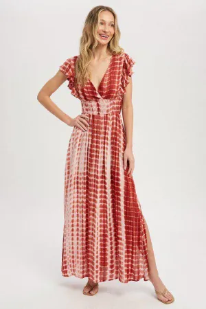 Maxi Dress - Bamboo Tie Dye Pattern, Deep V-neckline