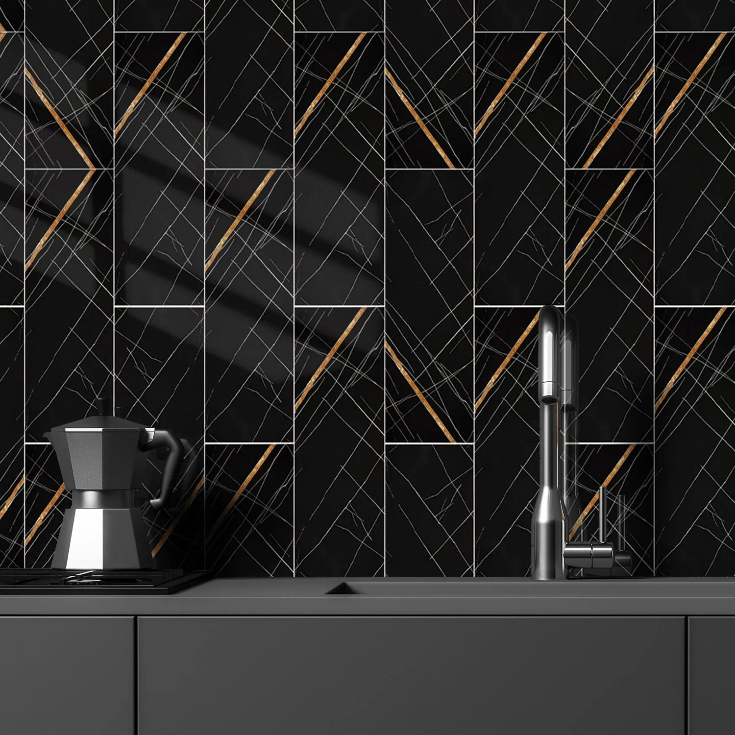 Metro Glossy Noir Stone Texture Tiles | Peel and Stick Kitchen Backsplash Tiles