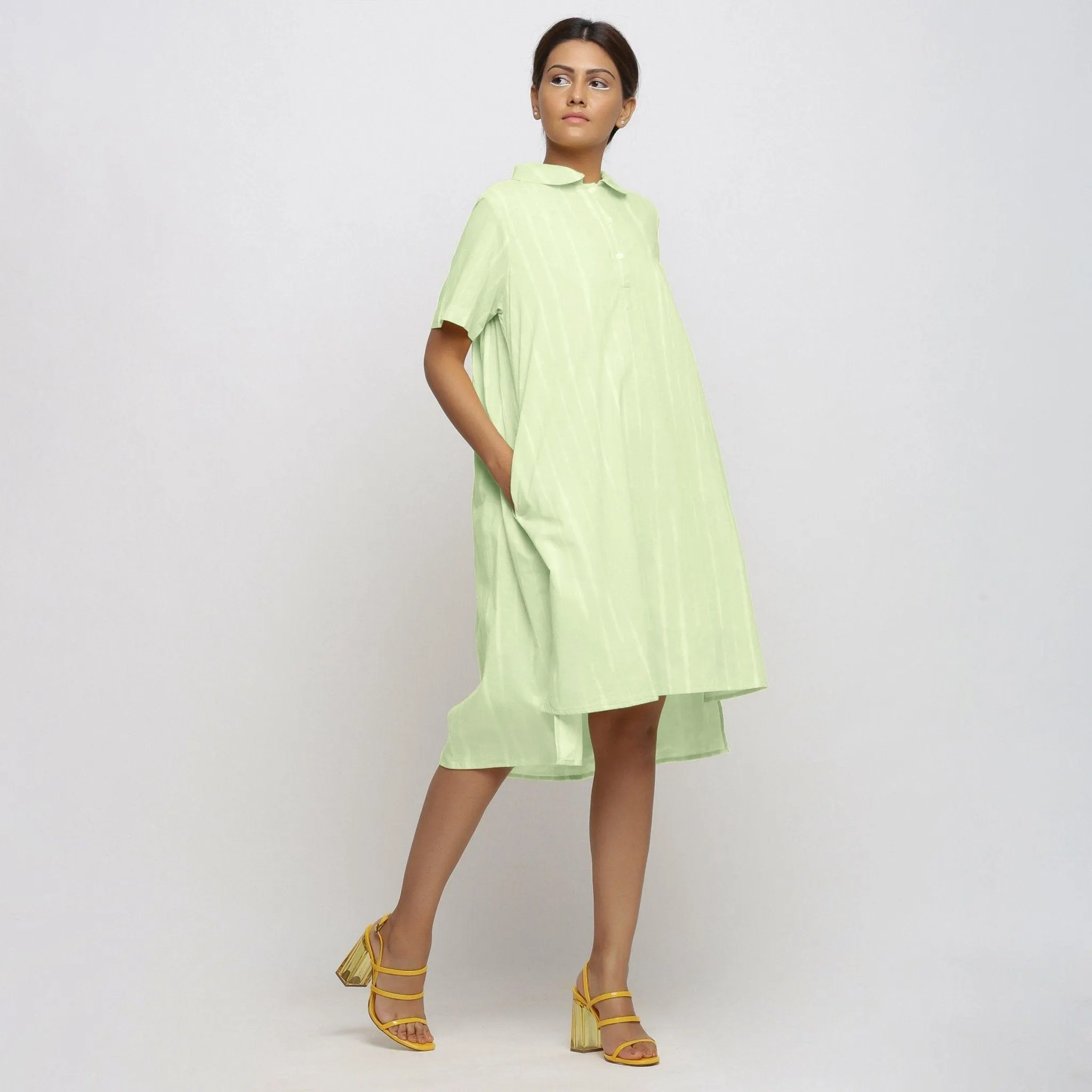 Mint Green Hand Tie-Dye Cotton Knee Length High-Low Dress