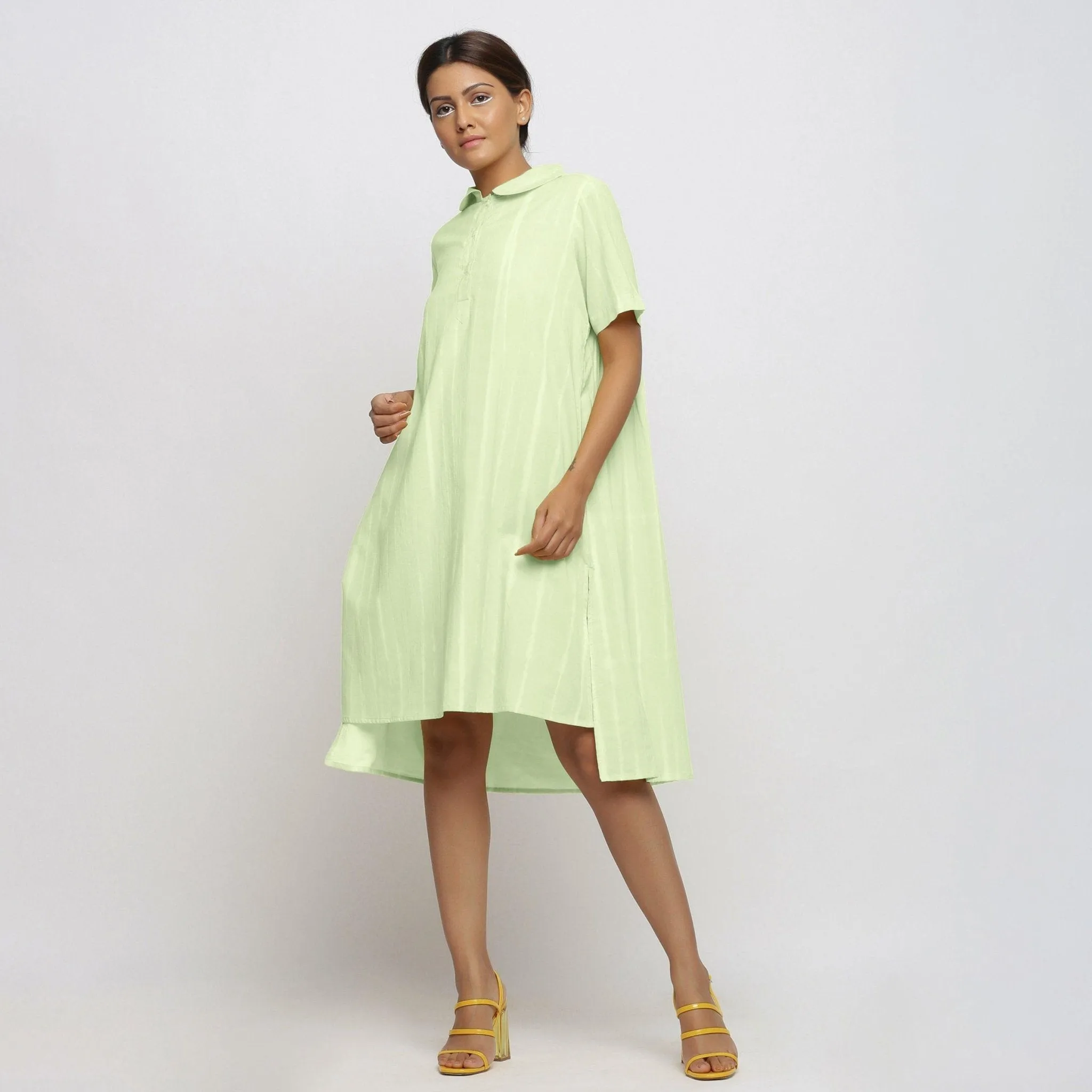 Mint Green Hand Tie-Dye Cotton Knee Length High-Low Dress