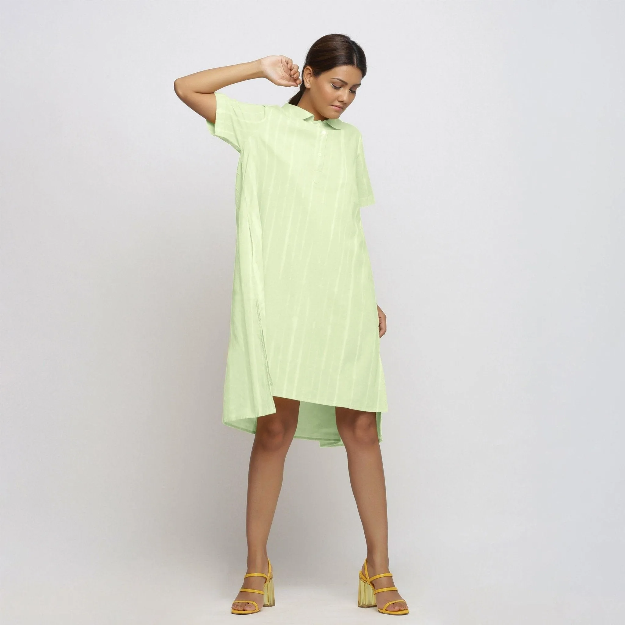 Mint Green Hand Tie-Dye Cotton Knee Length High-Low Dress