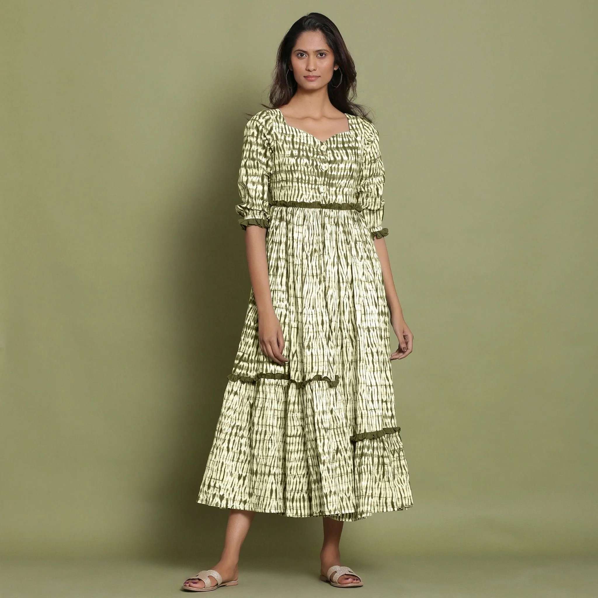 Moss Green Tie-Dye Asymmetrical Cotton Maxi Dress