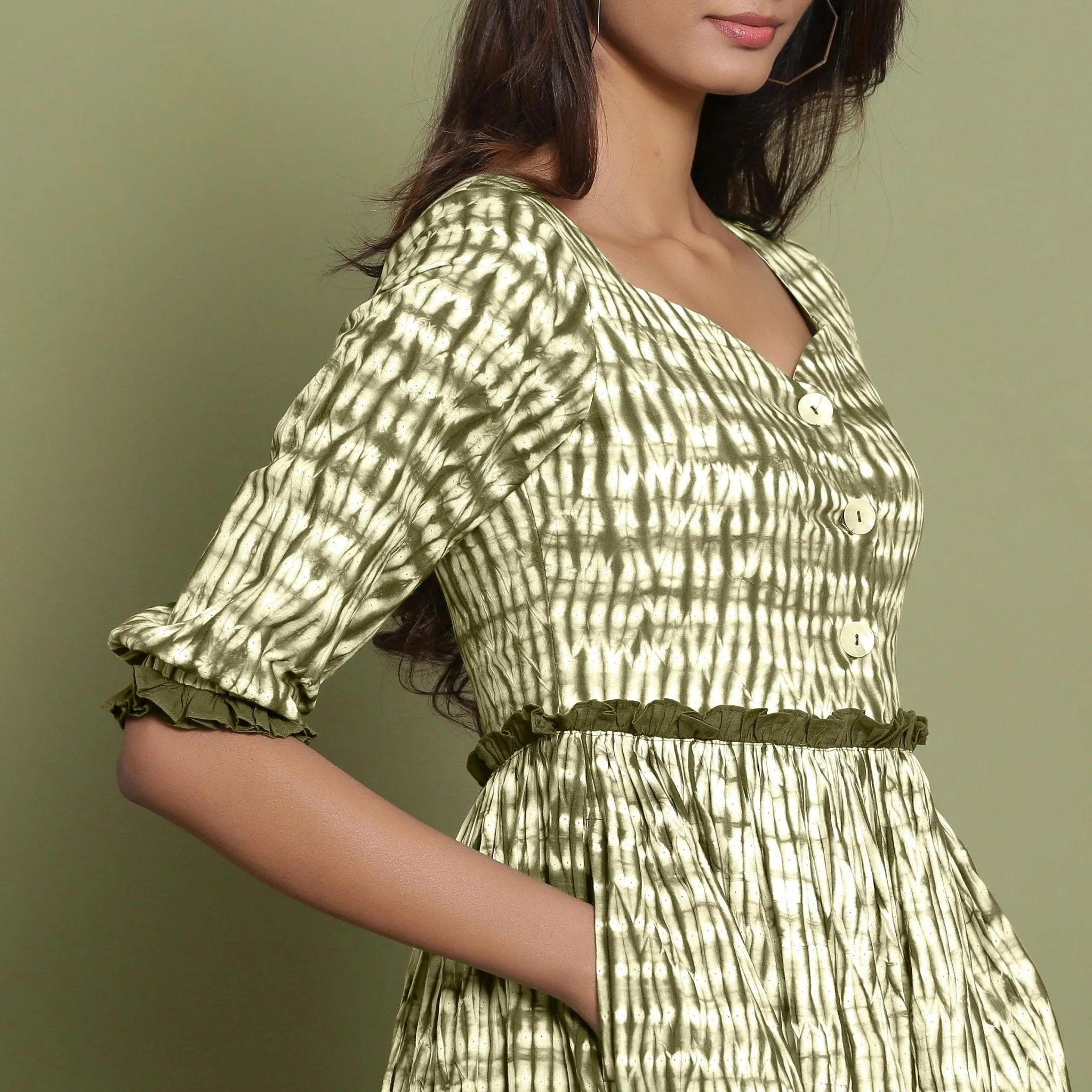 Moss Green Tie-Dye Asymmetrical Cotton Maxi Dress