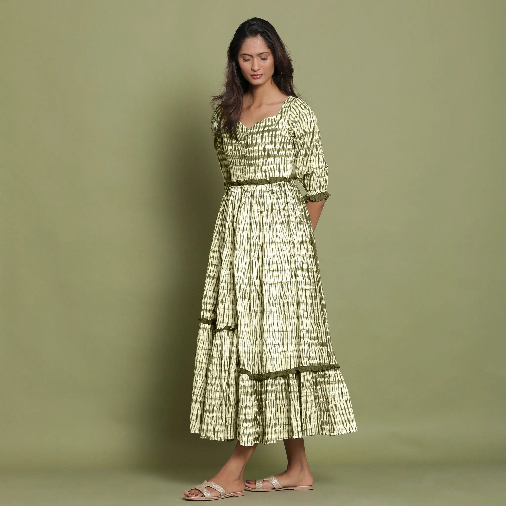 Moss Green Tie-Dye Asymmetrical Cotton Maxi Dress