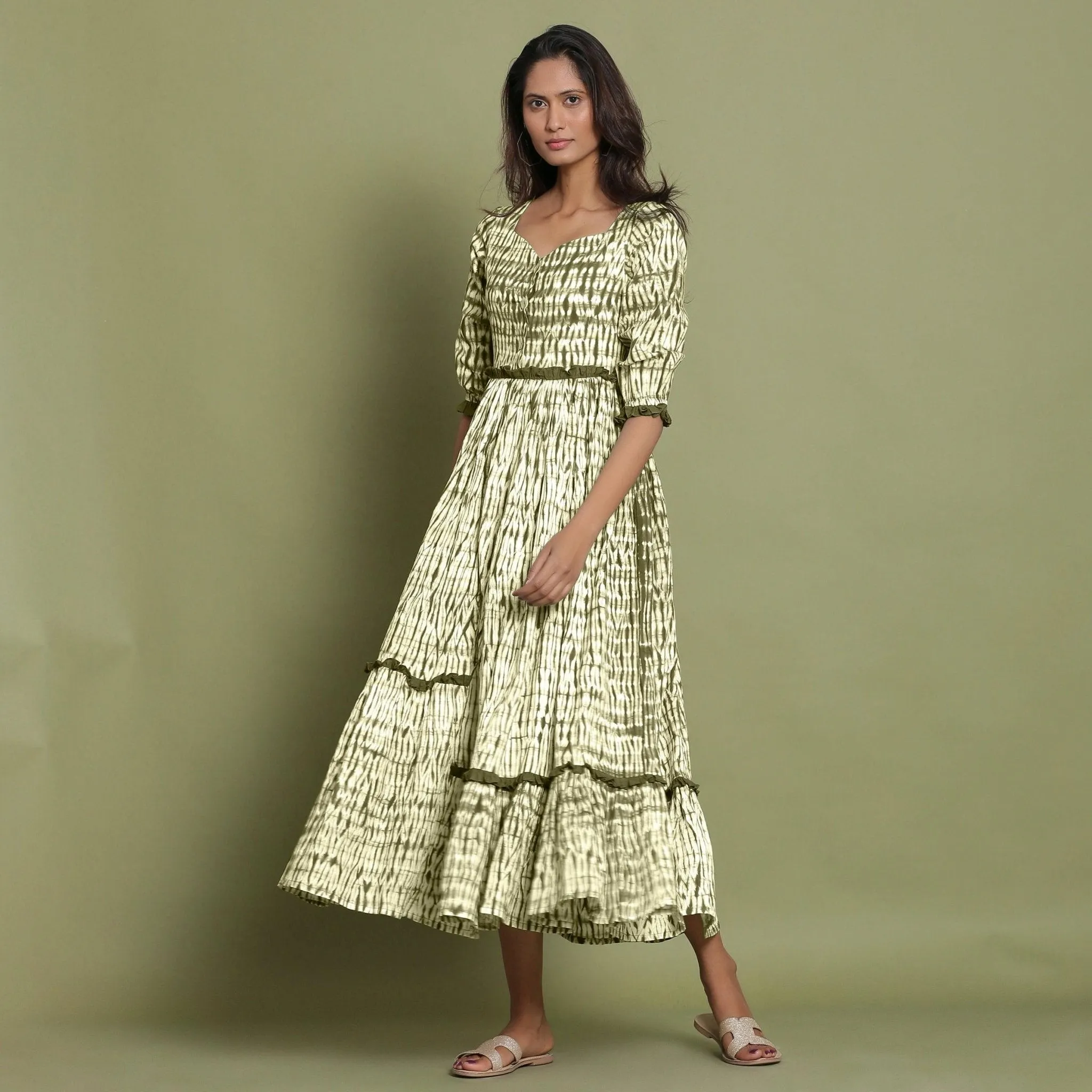 Moss Green Tie-Dye Asymmetrical Cotton Maxi Dress