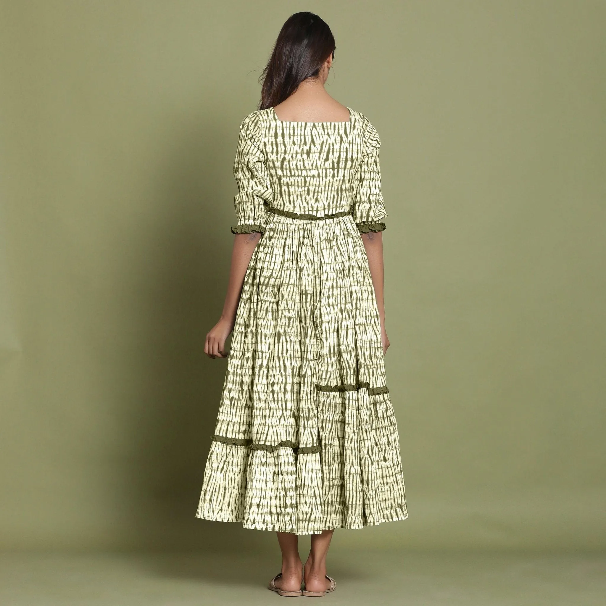 Moss Green Tie-Dye Asymmetrical Cotton Maxi Dress