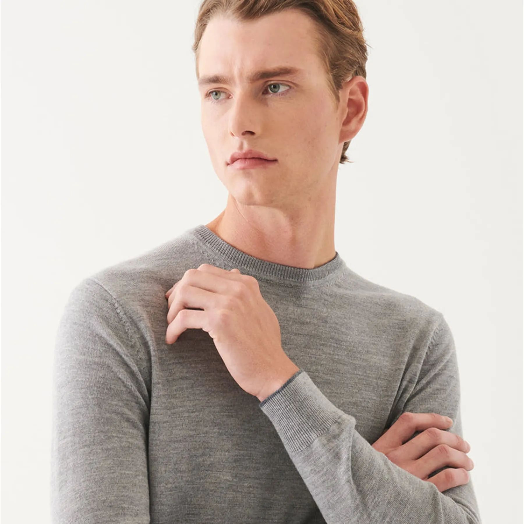 Patrick Assaraf Merino Crewneck with Elbow Patches - Mist Shadow Gray