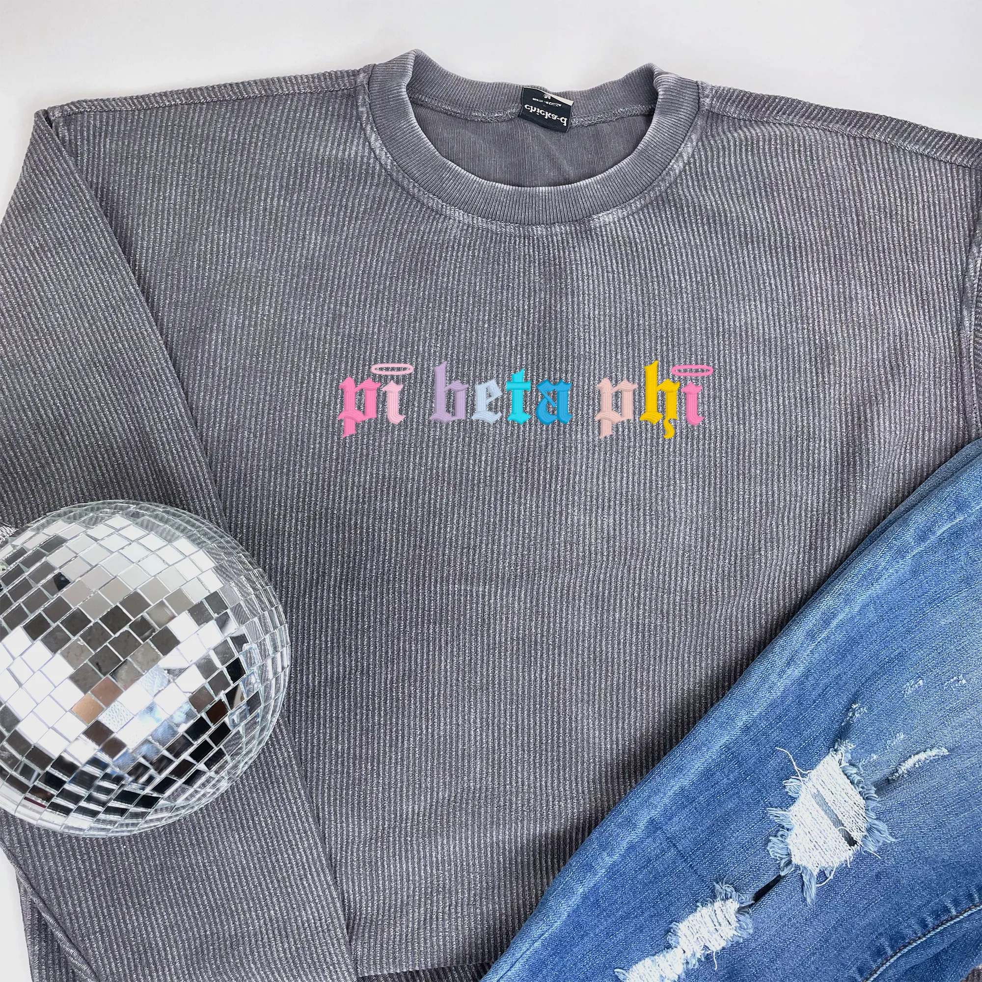 Pi Beta Phi Embroidered Corded Crewneck Sweatshirt, Angel Design - Multiple Colors