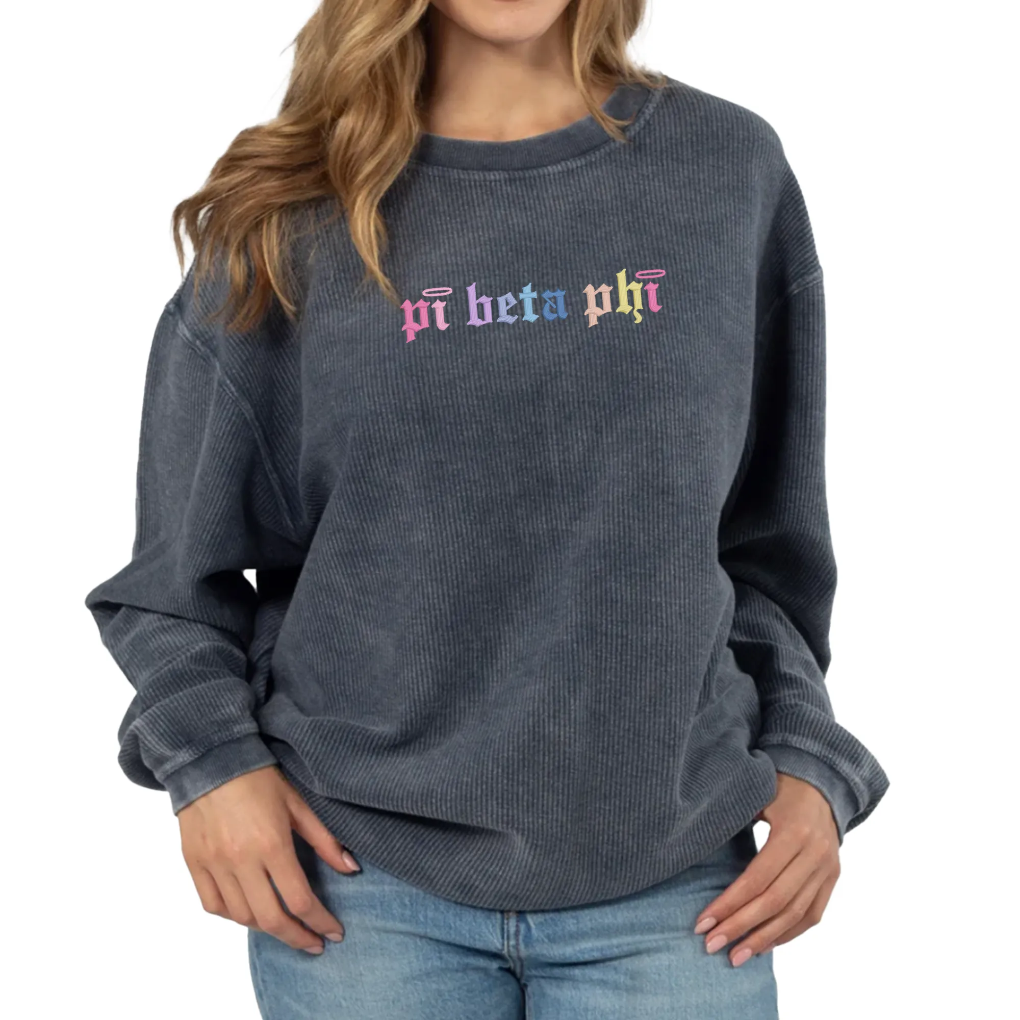 Pi Beta Phi Embroidered Corded Crewneck Sweatshirt, Angel Design - Multiple Colors