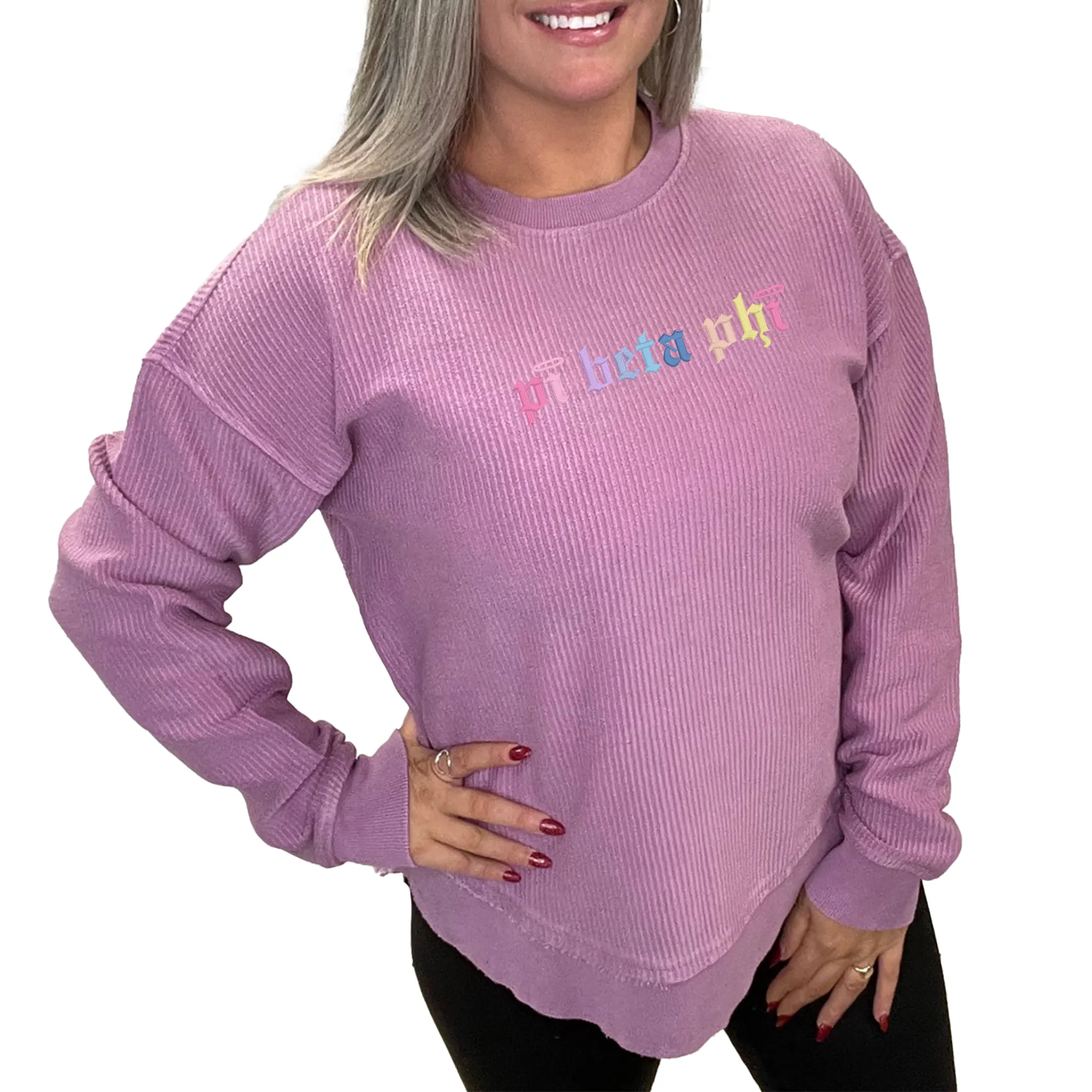 Pi Beta Phi Embroidered Corded Crewneck Sweatshirt, Angel Design - Multiple Colors