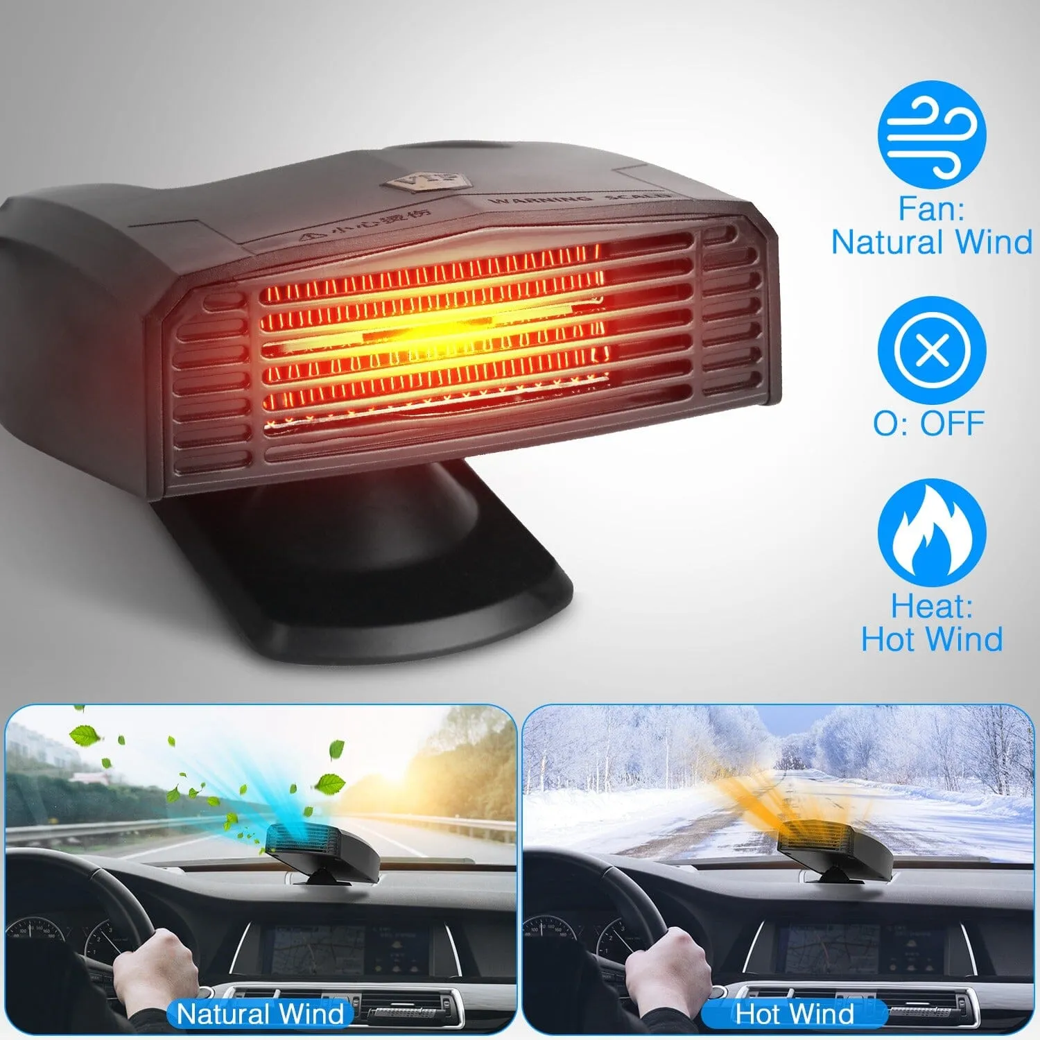 Portable Car Heater Heating Fan 2-in-1 Defroster Defogger Demister Windshield Heater
