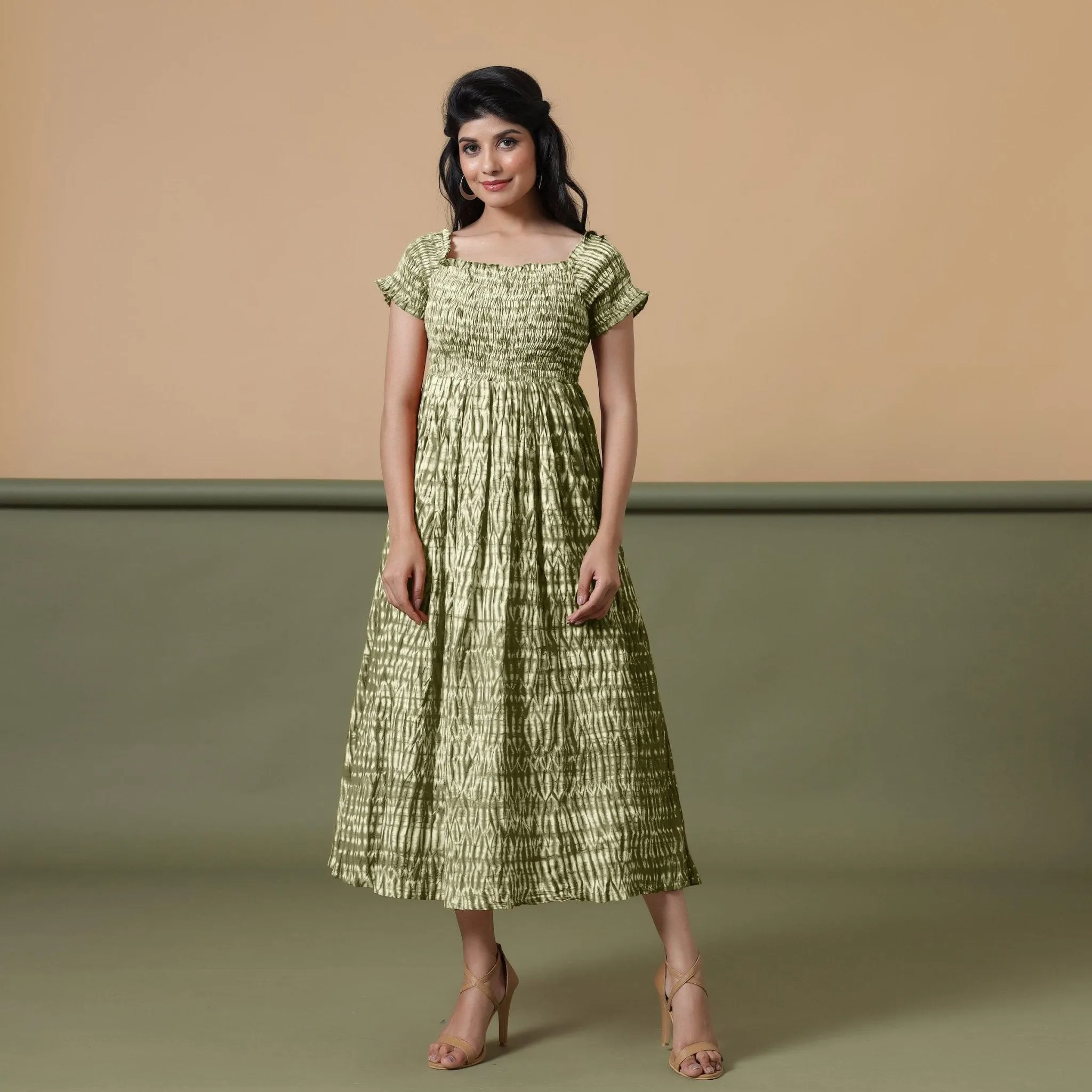 Sage Green Shibori Tie-Dye Cotton Maxi Gathered Dress