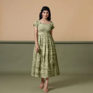 Sage Green Shibori Tie-Dye Cotton Maxi Gathered Dress